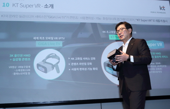 KT 뉴미디어사업단 김훈배 단장이 기자설명회에서 국내 최초 4K 무선 VR 서비스 'KT 슈퍼VR'에 대해 설명하고 있다.ⓒKT.