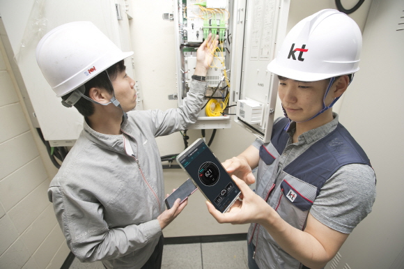 KT 네트워크 담당 직원이 SRT 수서역에서 5G 인빌딩 서비스 구축 현장을 점검하고 있다.ⓒKT