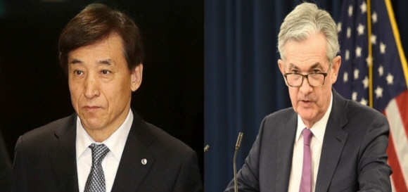 이주열 한국은행 총재(사진 왼쪽)와 제롬 파월 미 연준 의장(사진 오른쪽)ⓒEBN, 연방준비제도