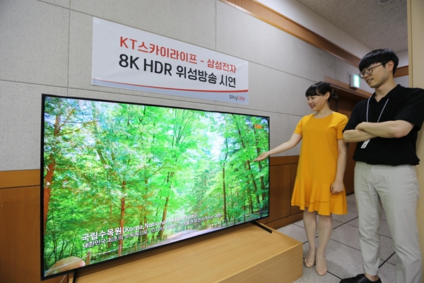 삼성전자와 KT스카이라이프 관계자가 8K 위성 방송을 2019년형 삼성 QLED 8K 82형을 통해 시청하고 있다. ⓒ삼성전자