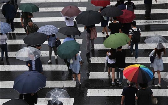 시민들이 우산을 쓰고 횡단보도를 건너고 있다.ⓒEBN