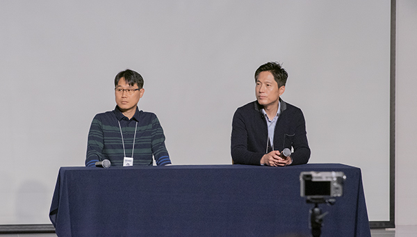20일 (왼쪽부터)오호은, 김석환 위메이드트리 대표가 서울 강남구 메리츠타워에서 진행된 '위믹스 네트워크' 론칭 간담회에서 질문을 받고 있다ⓒEBN
