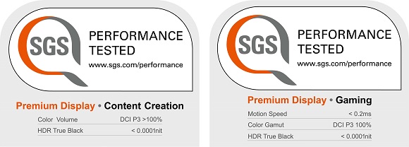 SGS 평가 인증서 'Premium Display (Content Creation)', 'Premium Display (Gaming)'