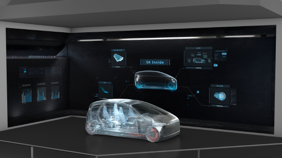 CES 2020에서 차량모형과 대형 스크린으로 구현한 SK이노베이션의 'SK Inside' 모델 이미지[사진제공=SK이노베이션]