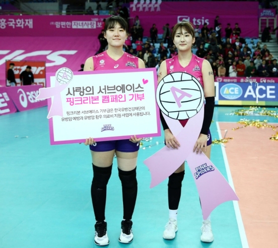 흥국생명 핑크스파이더스 이한비, 박현주 선수가 '핑크리본 서브에이스 캠페인'을 알리고 있다.ⓒ흥국생명