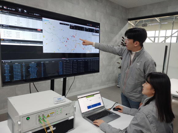 KT융합기술원 연구원들이 분포형 음파 센싱 플랫폼으로 지하 시설물의 위험 여부를 확인하고 있다.ⓒKT