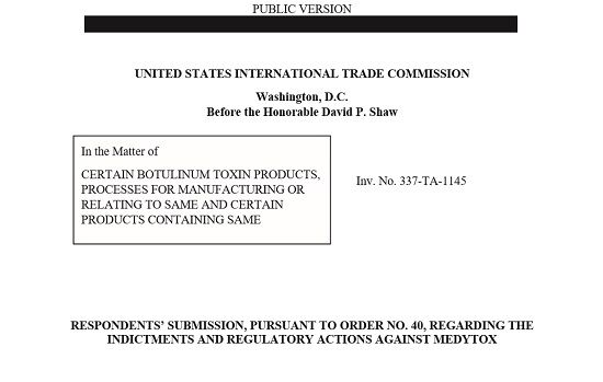 메디톡스-대웅제약 간 균주 도용 추가 자료 제출 관련 미국 국제무역위원회(ITC) 문서.ⓒITC
