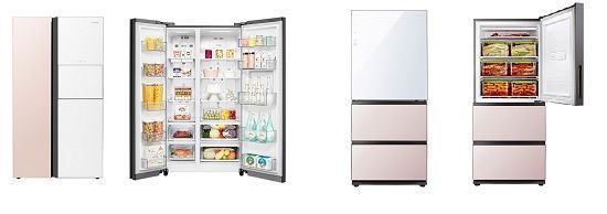 왼쪽부터 '클라쎄 컬러글라스' 양문형 냉장고, 김치냉장고.ⓒ위니아대우