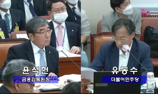 유동수 더불어민주당 의원(우)과 윤석헌 금감원장. ⓒ국회방송 갈무리