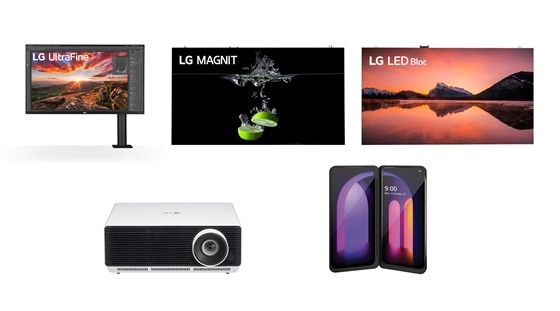 (왼쪽 상단부터 시계방향) 일본 최고 권위의 굿디자인 어워드를 수상한 LG 울트라 HD 360 모니터, 마이크로LED 사이니지 LG 매그니트, LED 사이니지 LG LED 블록, LG V60 ThinQ 5G, 상업용 프로젝터 LG 프로빔 제품.ⓒLG전자