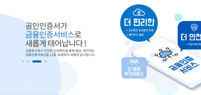 금융결제원은 인증서비스에 대한 규제를 완화하는 개정 전자서명법 시행(20.12.10일)에 맞추어 공인인증서비스의 이용 편의성을 개선하고 보안성을 더욱 강화한 '금융인증서비스'를 우리은행에 최초로 적용했다.ⓒ금융결제원