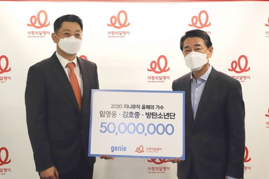 지니뮤직 이상헌 전략마케팅실장(사진 왼쪽)이 사랑의달팽이에 5000만원을 기부하고 있다.ⓒ지니뮤직