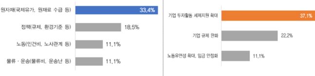 주력 제조업 업종별 위험요인(좌), 우리나라 기업 경쟁력 제고 정책(우) ⓒ전경련