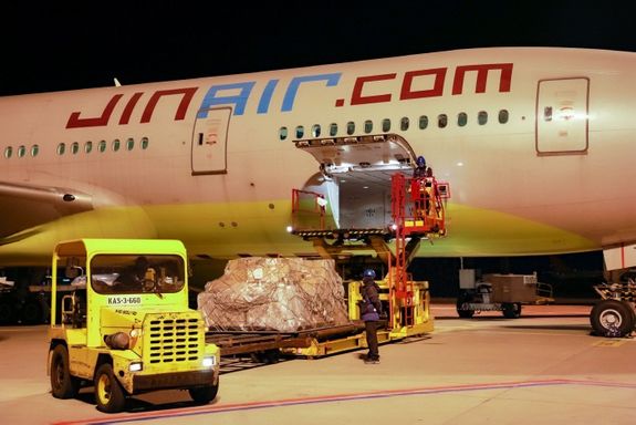 지난해 진에어의 B777-200ER 항공기에서 밸리카고로 화물을 적재하고 있는 모습.ⓒ진에어