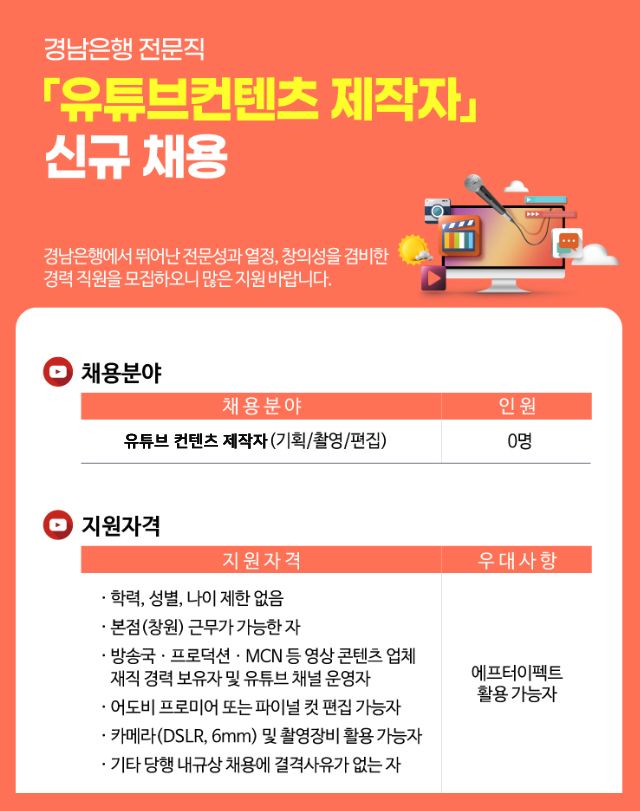 BNK경남은행은 기획·촬영·편집이 가능한 경력직 유튜브 컨텐츠 제작자를 채용한다.ⓒBNK경남은행