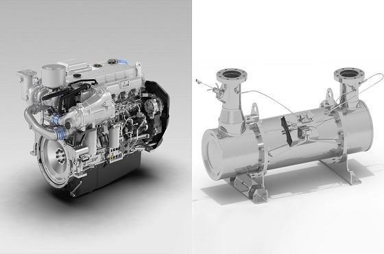 현대두산인프라코어가 최근 출시한 전자식 선박엔진 'DX12'(왼쪽)와 유해물질 배출 차단 기술이 적용된 'SCR 머플러'.ⓒ현대두산인프라코어