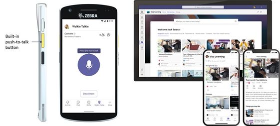 지브라 휴대용 컴퓨터에서 구동되는 '팀즈 워키토키 앱(왼쪽)'과 팀즈에서 학습 콘텐츠를 검색하고 공유할 수 있는 '비바 러닝 앱(오른쪽)'ⓒ마이크로소프트