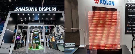 'SID 디스플레이 위크 2022'에 참가한 삼성디스플레이 전시부스(왼쪽)과 '2022 SID'에 참가해 CPI 필름 및 관련 제품을 선보인 코오롱인더스트리.ⓒ각 사 제공