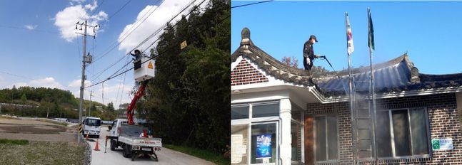 기동마을 사회적협동조합이 영농형태양광 발전 수익을 활용해 마을 공동 CCTV를 설치하고 마을회관 지붕을 도색하는 모습.ⓒ한화큐셀