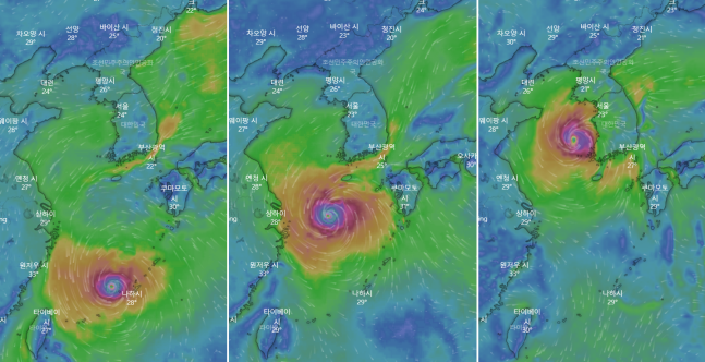 24호 열대저압부가 제12호 태풍 무이파로 발달해 한반도 방향으로 북상할 가능성이 예측된다. 오는13일(왼쪽),14일(가운데),15일(오른쪽) 각 정오 기준 태풍의 이동 경로ⓒ윈디닷컴 캡쳐