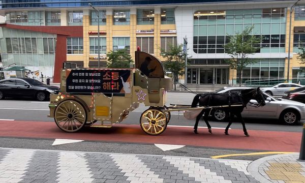 13일 경시도 성남시 판교 카카오게임즈 사옥 인근에서 '우마무스메' 운영에 대해 항의하는 마차 시위가 진행 중이다.ⓒ우마무스메 게임이용자 자율협의체