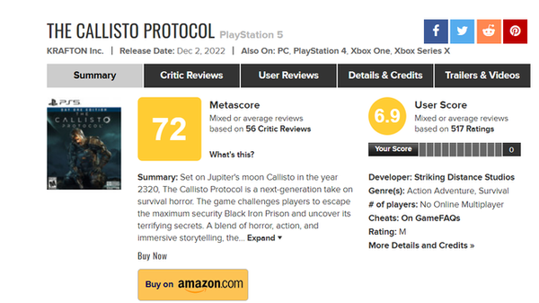 크래프톤의 '칼리스토 프로토콜'이 메타크리틱 점수 72점을 기록하고 있다.ⓒ메타크리틱 홈페이지 캡쳐