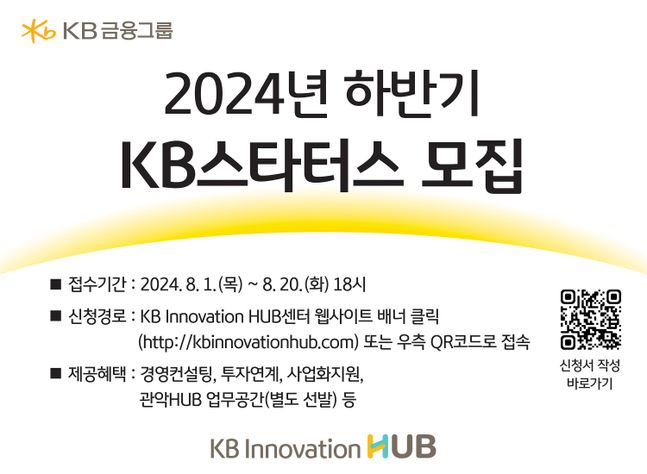 KB금융그룹(회장 양종희)이 오는 20일까지 혁신적인 기술·서비스를 가진 창업 3년 이내 스타트업을 대상으로 2024년 하반기 ‘KB스타터스’를 모집한다고 5일 밝혔다.