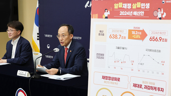 추경호 경제부총리 겸 기획재정부 장관이 세종시 정부세종청사에서 2024년 예산안 및 2023~2027년 국가재정운용계획을 발표하고 있다. 연합