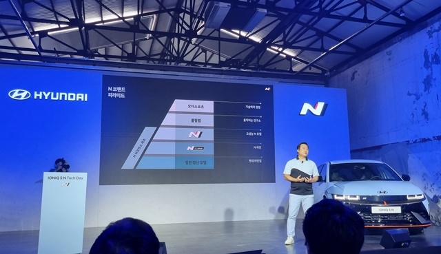 박준우 현대차 N브랜드매니지먼트실장(상무)가 14일 서울 마포구 소재 레이어 11에서 진행된 ‘아이오닉 5 N 테크 데이’에서 N 브랜드 비전 및 방향성에 대해 발표하고 있다. [사진=천진영 기자]