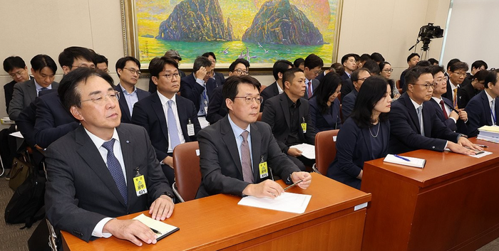 홍원식 하이투자증권 대표(앞줄 왼쪽), 김덕환 현대카드 대표(앞줄 왼쪽 두번째), 마크 리 애플코리아 영업총괄사장(앞줄 왼쪽 네번째)등이 11일 국회 정무위원회 국정감사에 증인으로 출석해 있다. 연합뉴스