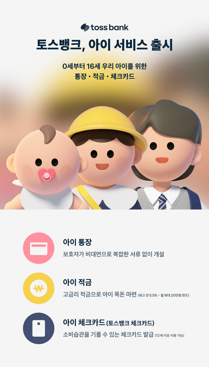 인터넷전문은행 토스뱅크는 0~16세를 위한 ‘아이서비스’를 출시했다.  토스뱅크