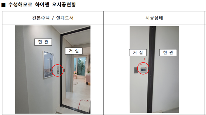 일괄소등스위치가 견본주택에서 소개한 내용과 다른 곳에 설치가 돼 있다. 입주예정자