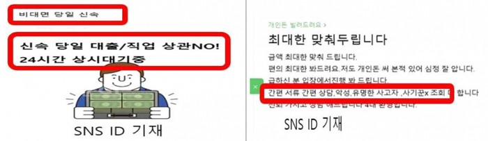 온라인 커뮤니티에 올라온 불법 대부 광고글 [금융감독원 자료]