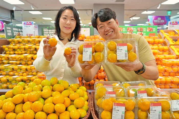 롯데마트 제타플렉스 잠실점에서 직원들이 제주 하우스 감귤을 홍보하고 있다. 롯데마트