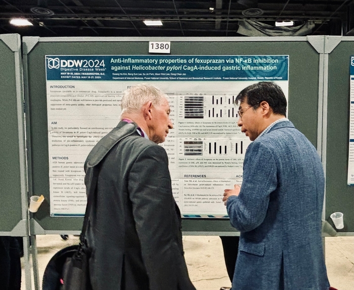 김광하 부산대학교병원 소화기내과 교수(오른쪽)가 헬리코박터균 감염에 대한 항염 효과 기초연구 결과를 해외의료진에 소개하고 있다. [제공=대웅제약]